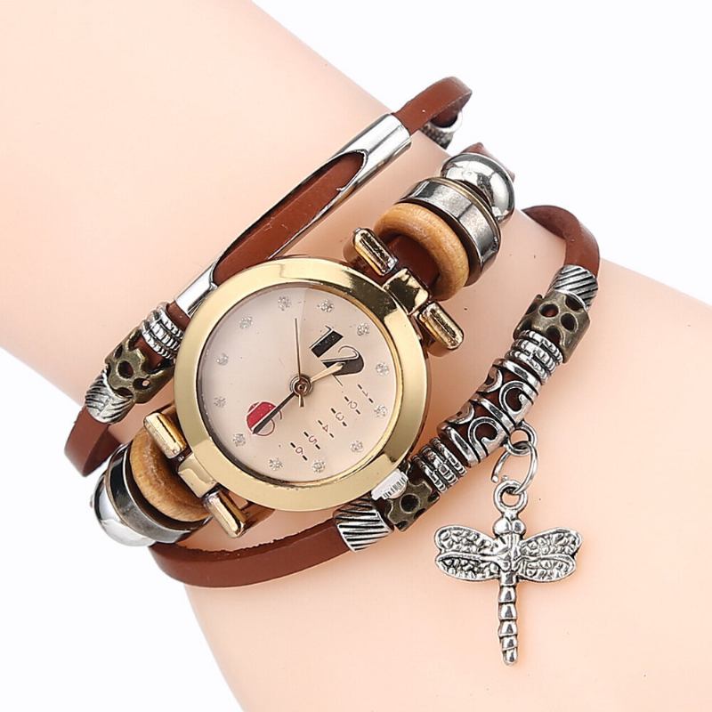 Deffrun Vintage Multilayer Dame Armbåndsur Diamond Dragonfly Pendant Læderbånd Quartz Watch