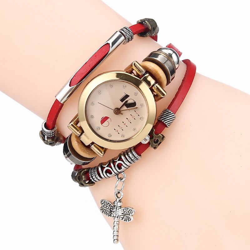 Deffrun Vintage Multilayer Dame Armbåndsur Diamond Dragonfly Pendant Læderbånd Quartz Watch