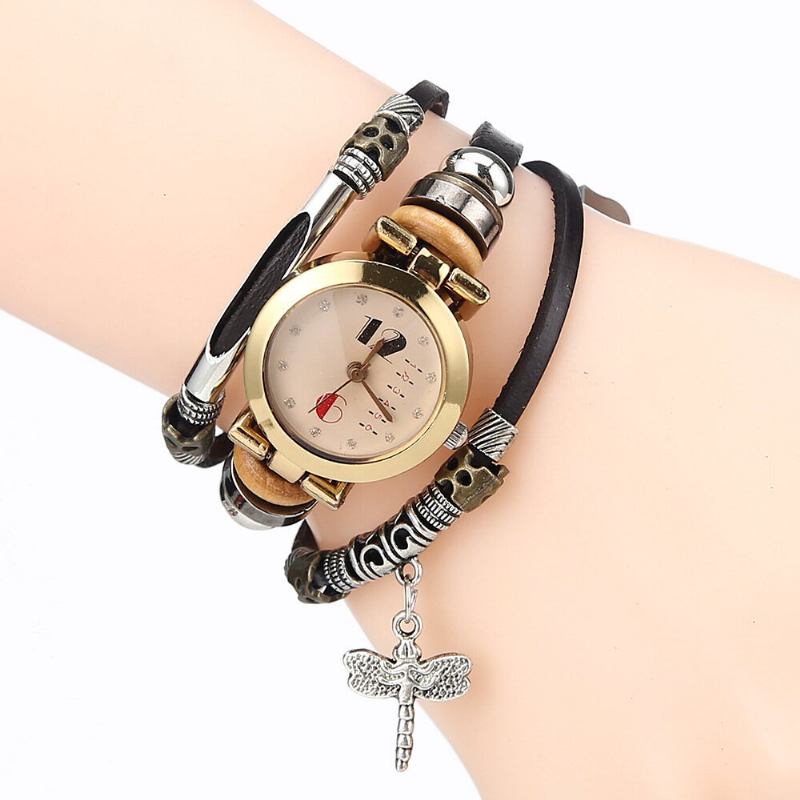 Deffrun Vintage Multilayer Dame Armbåndsur Diamond Dragonfly Pendant Læderbånd Quartz Watch