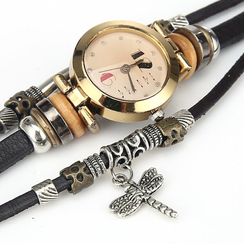 Deffrun Vintage Multilayer Dame Armbåndsur Diamond Dragonfly Pendant Læderbånd Quartz Watch