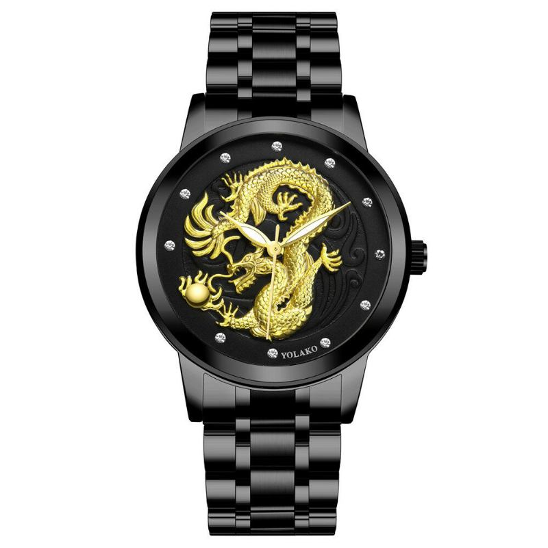 Drage Skulptur 3d Dekoration Mode Luksus Rustfrit Stål Rem Herre Quartz Watch Armbåndsur