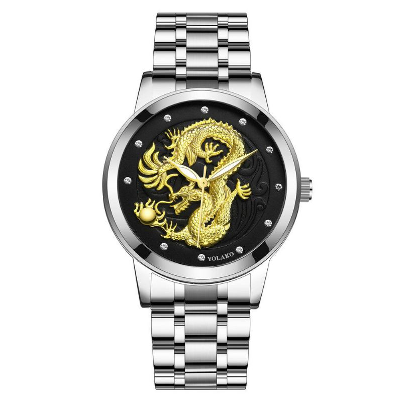 Drage Skulptur 3d Dekoration Mode Luksus Rustfrit Stål Rem Herre Quartz Watch Armbåndsur