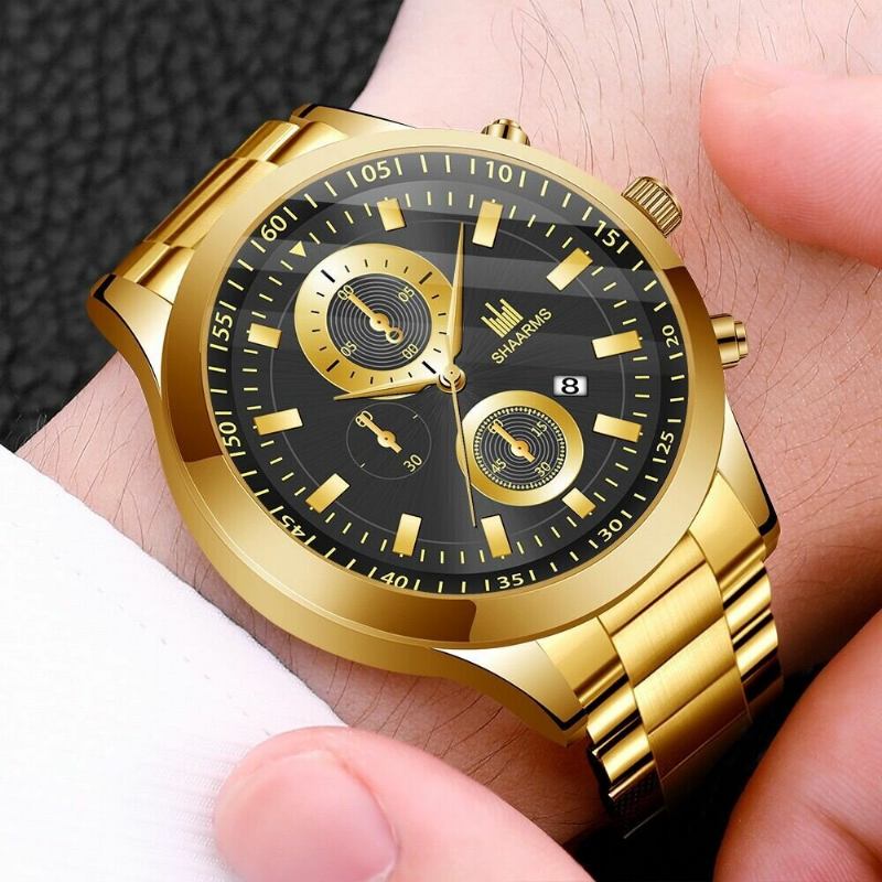 Fashion Alloy Business Fashion Steel Band Quartz Watch Tre-øjet Kalender Herreur