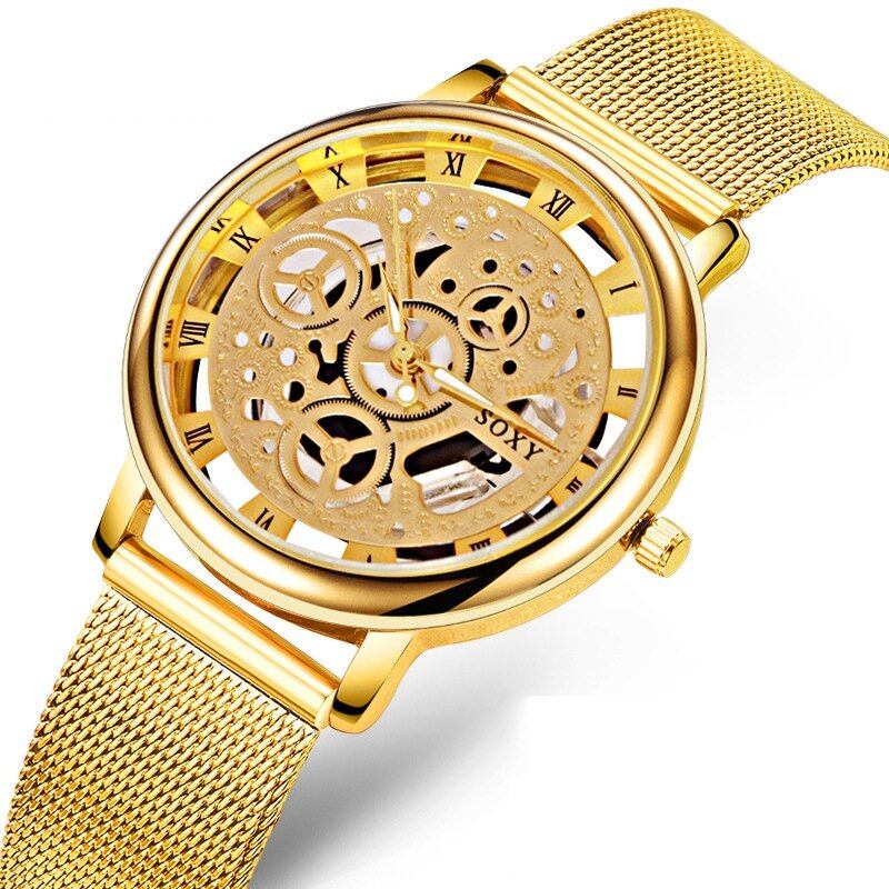 Fashion Creative Hollow Dial Rustfrit Stål Strap Herre Quartz Watch