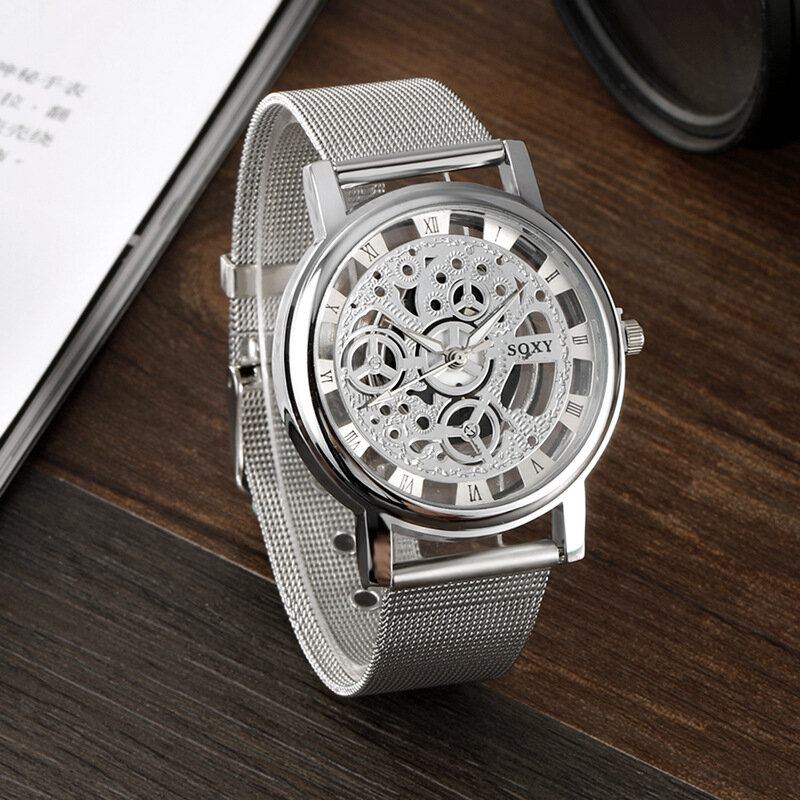 Fashion Creative Hollow Dial Rustfrit Stål Strap Herre Quartz Watch