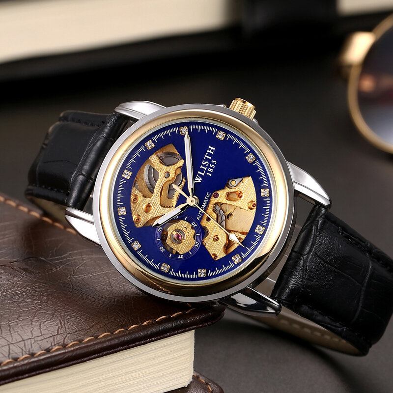 Fashion Hollow Dial Luminous Pointer Business Style Herreur Automatisk Mekanisk Ur