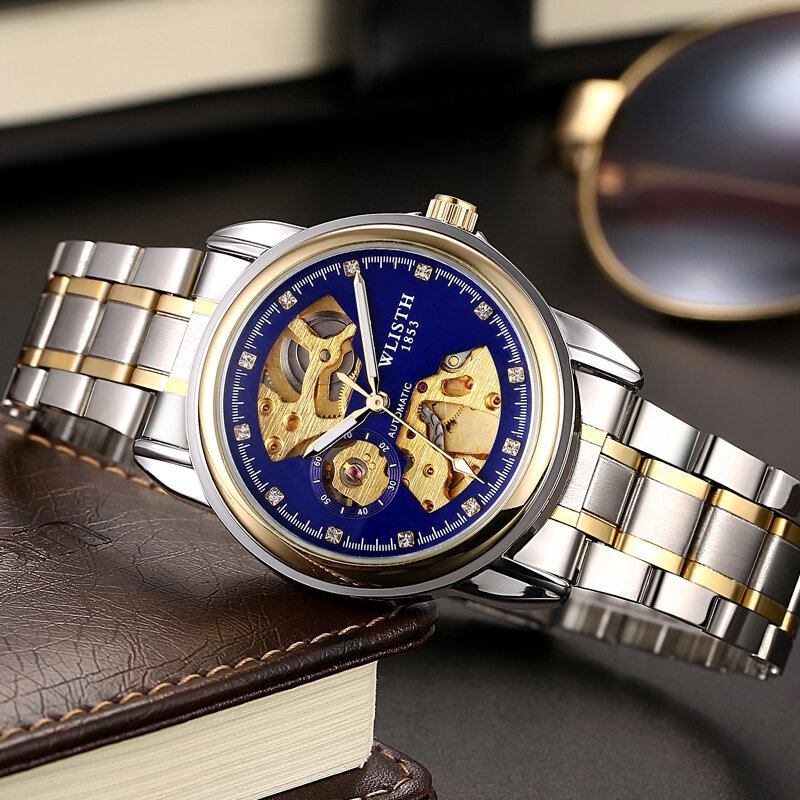 Fashion Hollow Dial Luminous Pointer Business Style Herreur Automatisk Mekanisk Ur