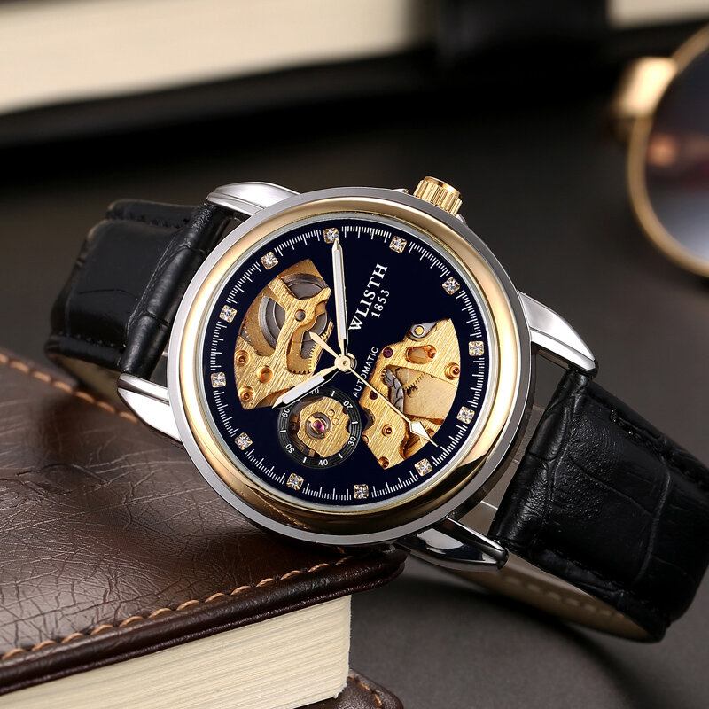 Fashion Hollow Dial Luminous Pointer Business Style Herreur Automatisk Mekanisk Ur