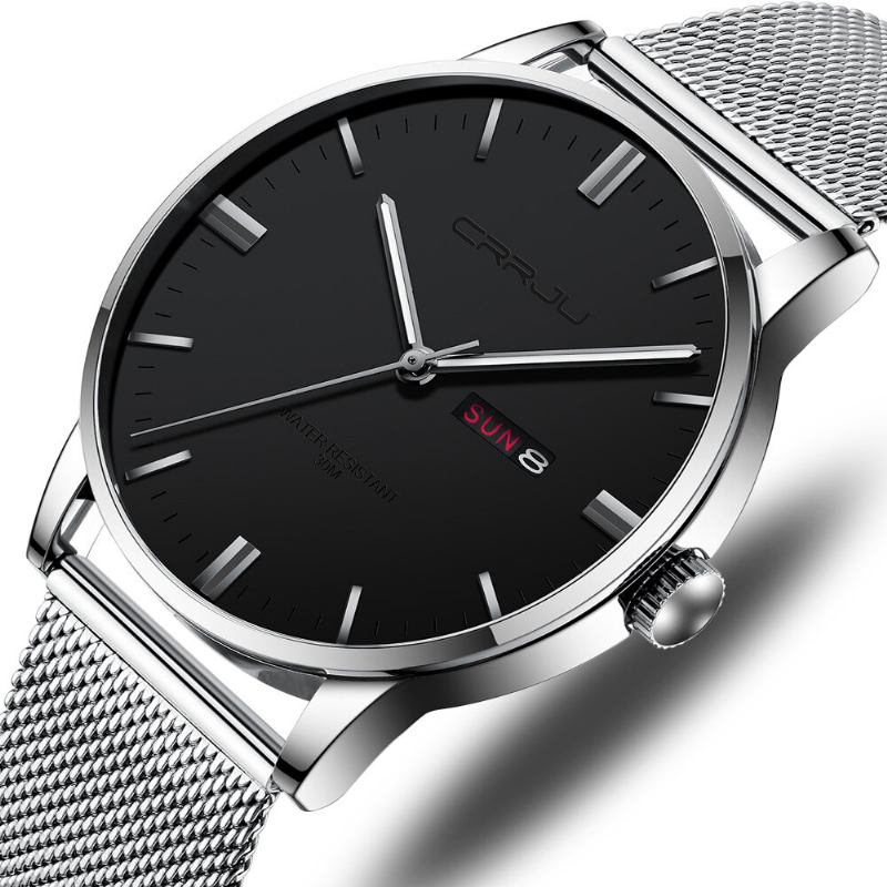 Fashion Mesh Stål Dato Uge Lysende Display Casual Simple Dial Herre Quartz Watch