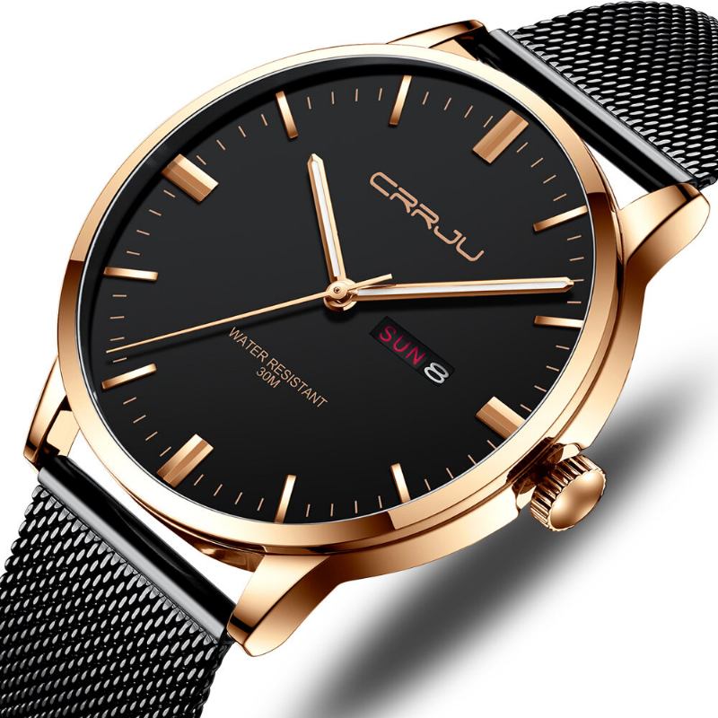 Fashion Mesh Stål Dato Uge Lysende Display Casual Simple Dial Herre Quartz Watch