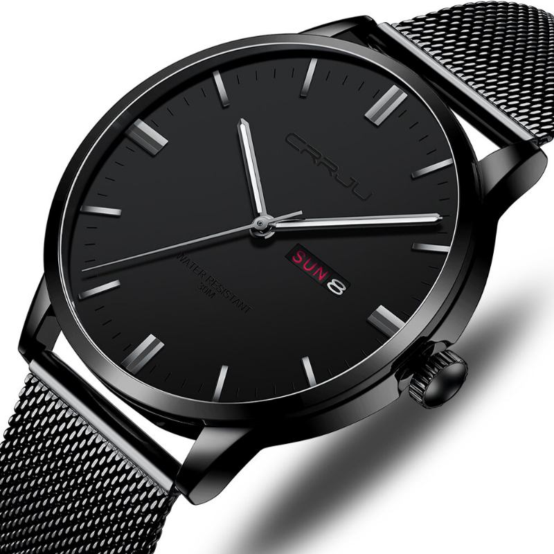 Fashion Mesh Stål Dato Uge Lysende Display Casual Simple Dial Herre Quartz Watch