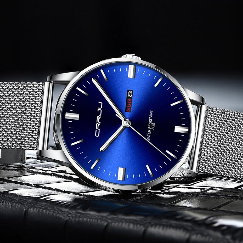 Fashion Mesh Stål Dato Uge Lysende Display Casual Simple Dial Herre Quartz Watch