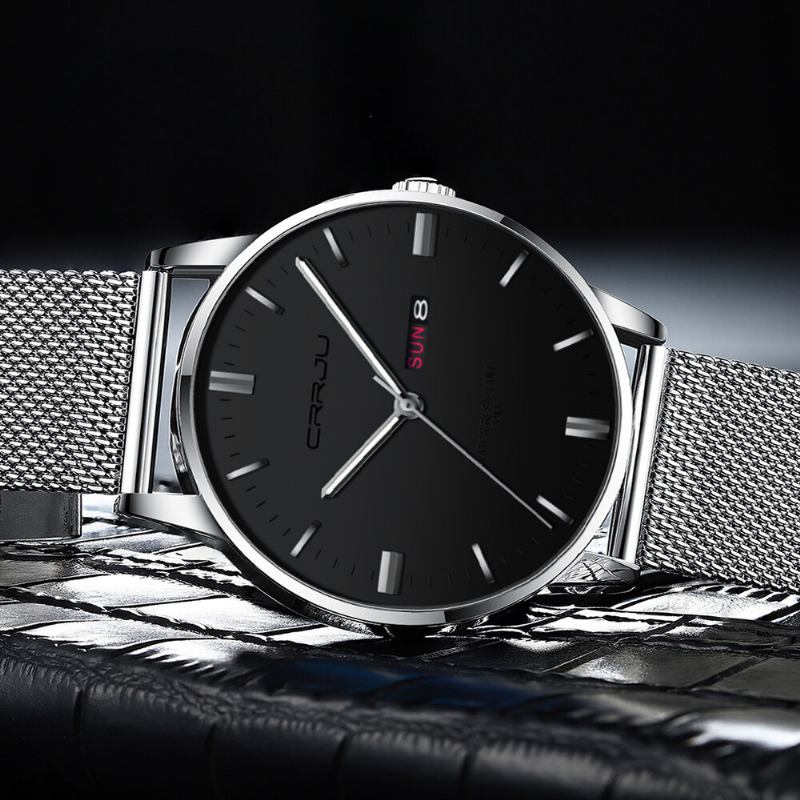 Fashion Mesh Stål Dato Uge Lysende Display Casual Simple Dial Herre Quartz Watch