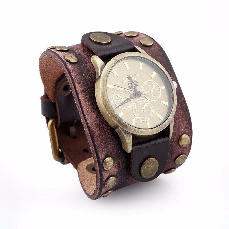 Fashion Punk Vintage Ægte Læder Mænd Quartz Watch Armbåndsur