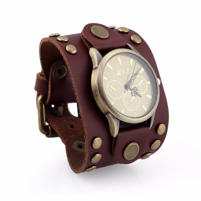 Fashion Punk Vintage Ægte Læder Mænd Quartz Watch Armbåndsur