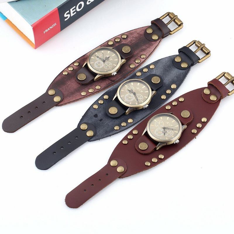 Fashion Punk Vintage Ægte Læder Mænd Quartz Watch Armbåndsur