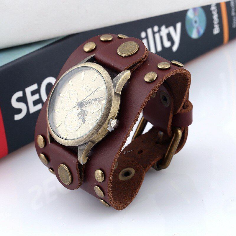 Fashion Punk Vintage Ægte Læder Mænd Quartz Watch Armbåndsur