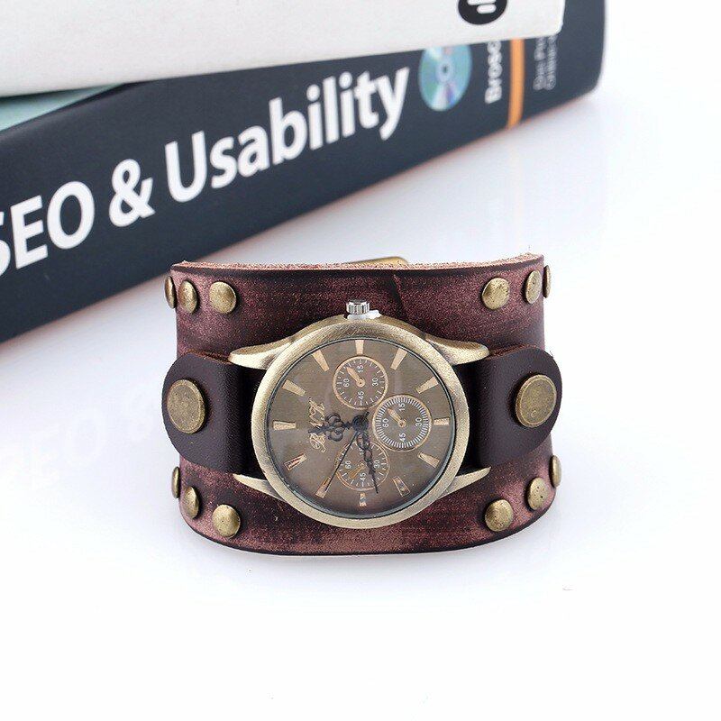 Fashion Punk Vintage Ægte Læder Mænd Quartz Watch Armbåndsur