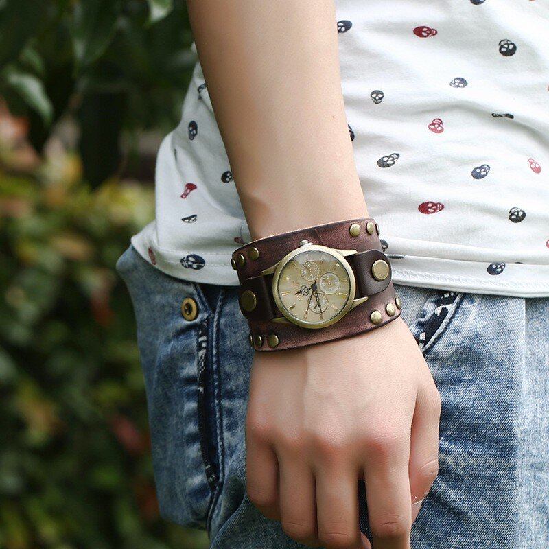 Fashion Punk Vintage Ægte Læder Mænd Quartz Watch Armbåndsur