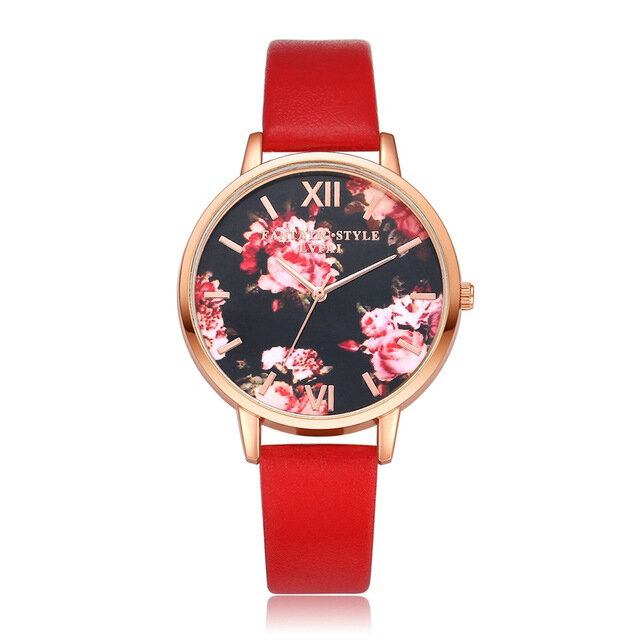 Flower Display Elegant Design Dame Armbåndsur Pu Læder Band Quartz Watch