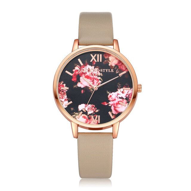 Flower Display Elegant Design Dame Armbåndsur Pu Læder Band Quartz Watch