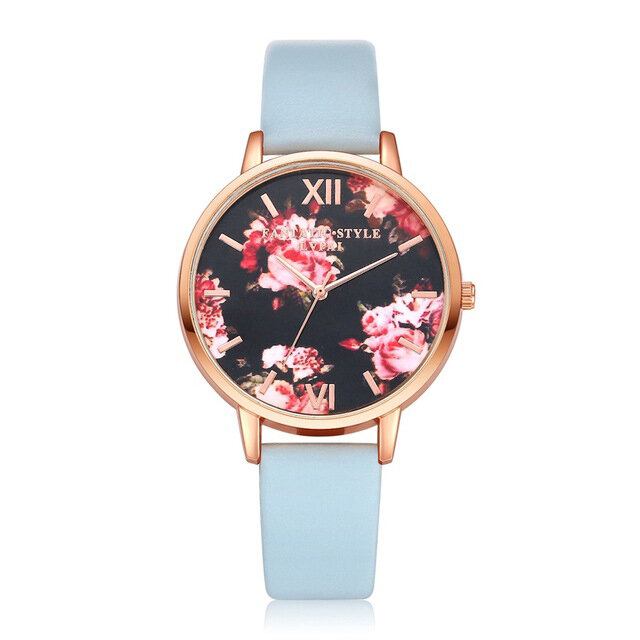 Flower Display Elegant Design Dame Armbåndsur Pu Læder Band Quartz Watch