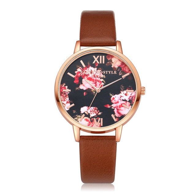 Flower Display Elegant Design Dame Armbåndsur Pu Læder Band Quartz Watch