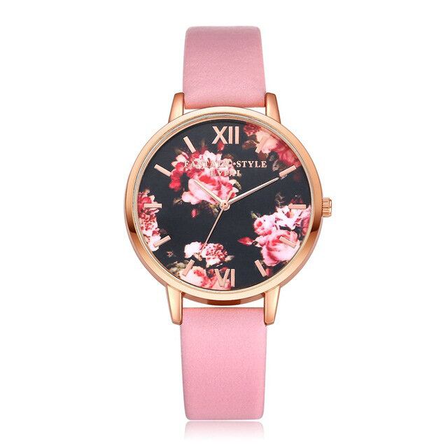 Flower Display Elegant Design Dame Armbåndsur Pu Læder Band Quartz Watch