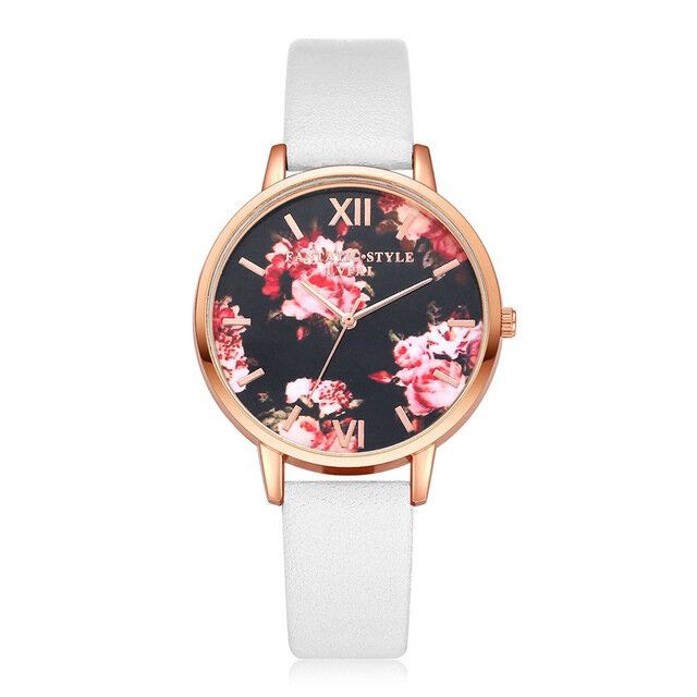 Flower Display Elegant Design Dame Armbåndsur Pu Læder Band Quartz Watch