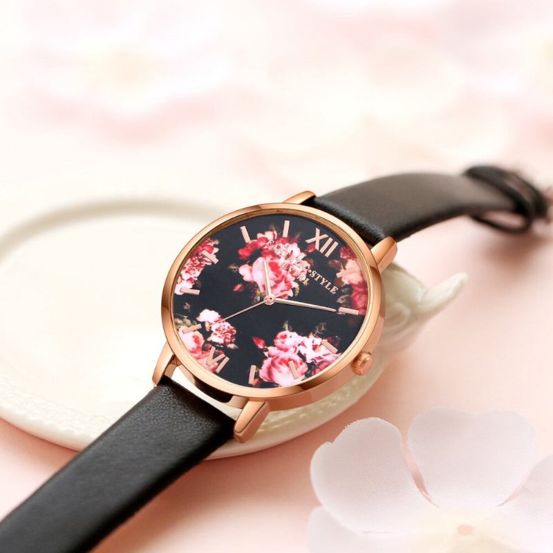 Flower Display Elegant Design Dame Armbåndsur Pu Læder Band Quartz Watch