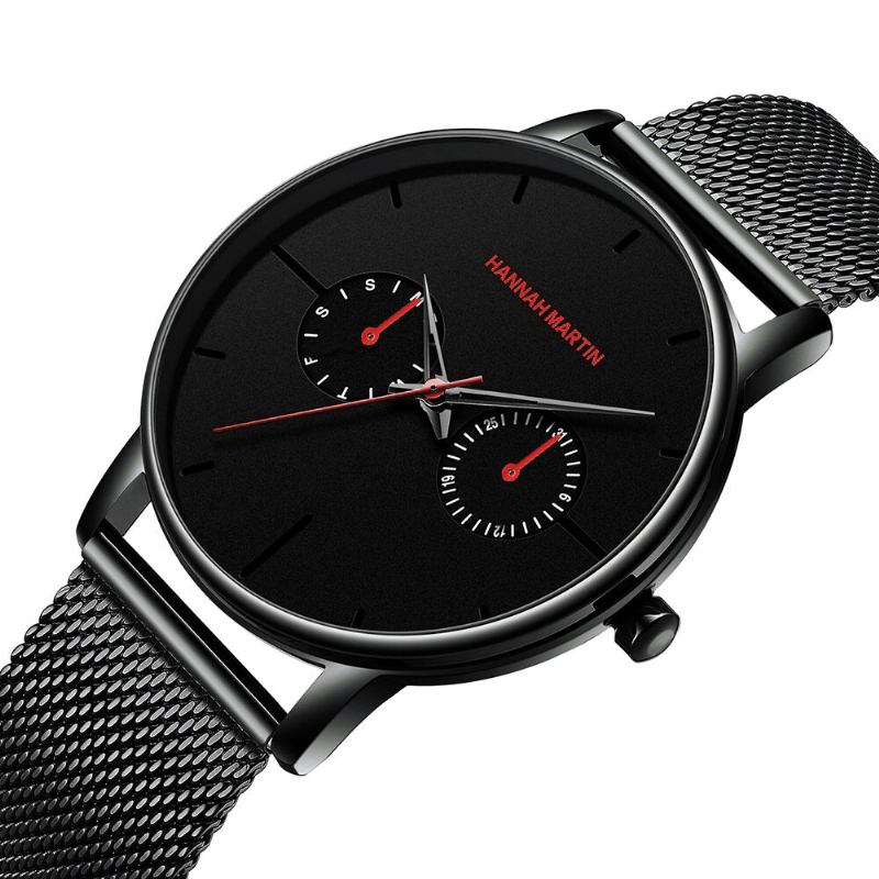 Hannah Martin Mode Casual Med Kalender Dual Dial Steel Mesh / Pu Læderrem 3atm Vandtæt Herre Quartz Watch