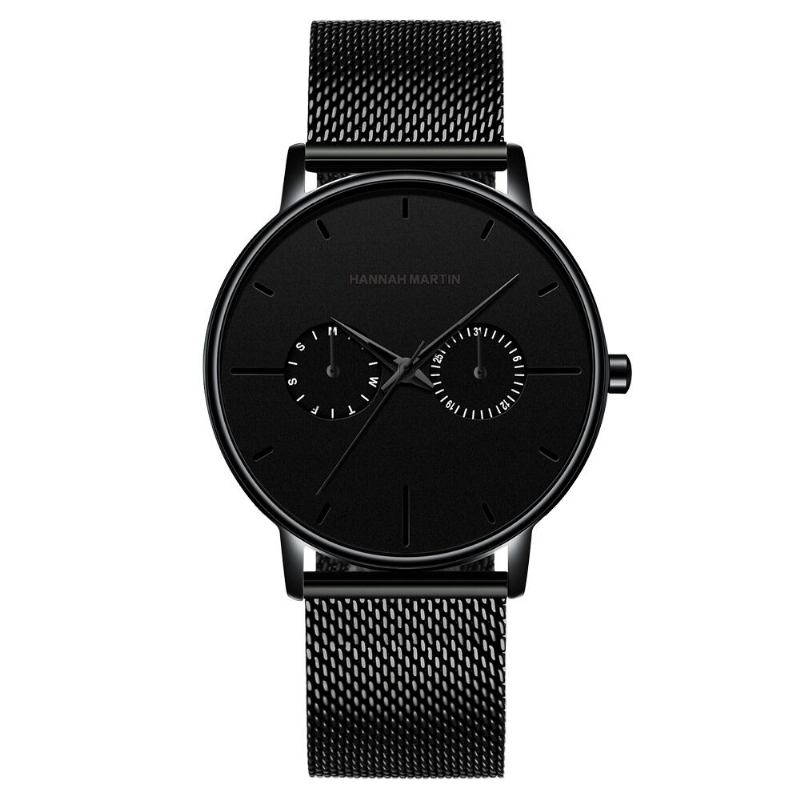 Hannah Martin Mode Casual Med Kalender Dual Dial Steel Mesh / Pu Læderrem 3atm Vandtæt Herre Quartz Watch