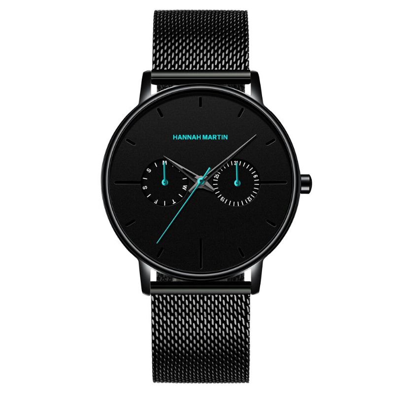 Hannah Martin Mode Casual Med Kalender Dual Dial Steel Mesh / Pu Læderrem 3atm Vandtæt Herre Quartz Watch