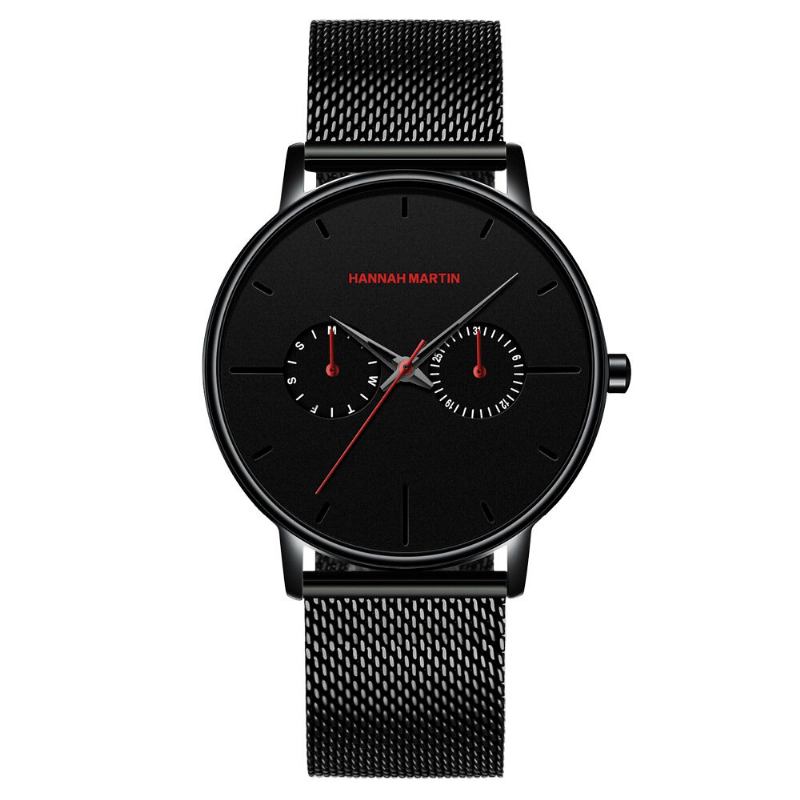 Hannah Martin Mode Casual Med Kalender Dual Dial Steel Mesh / Pu Læderrem 3atm Vandtæt Herre Quartz Watch