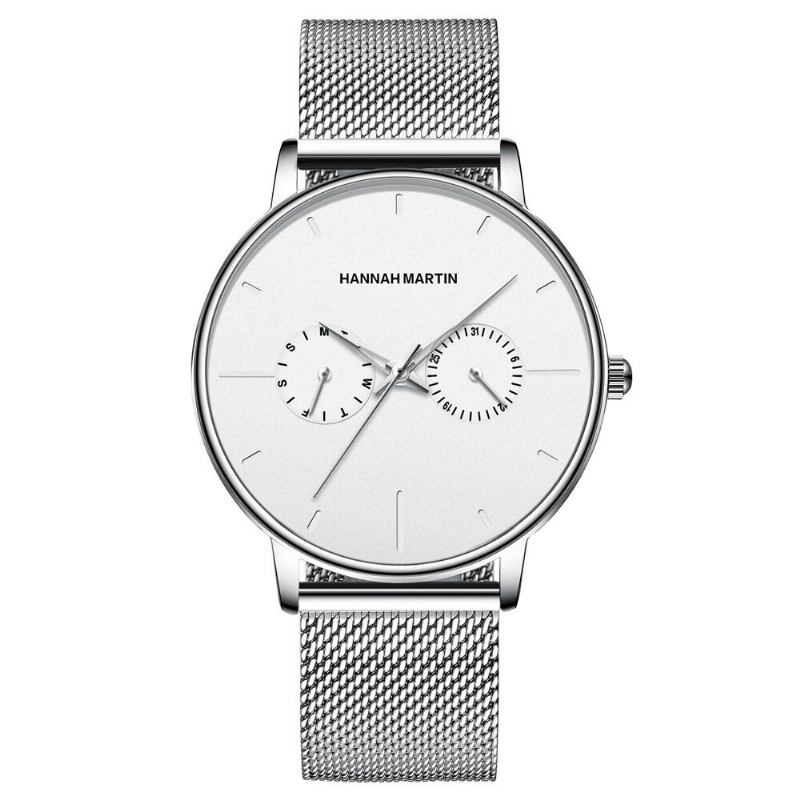 Hannah Martin Mode Casual Med Kalender Dual Dial Steel Mesh / Pu Læderrem 3atm Vandtæt Herre Quartz Watch