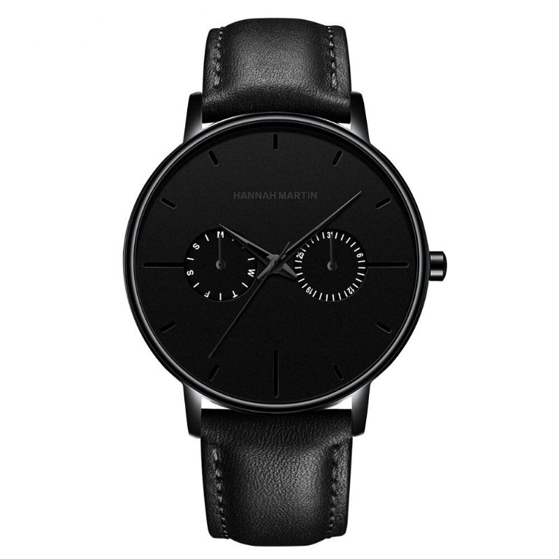 Hannah Martin Mode Casual Med Kalender Dual Dial Steel Mesh / Pu Læderrem 3atm Vandtæt Herre Quartz Watch