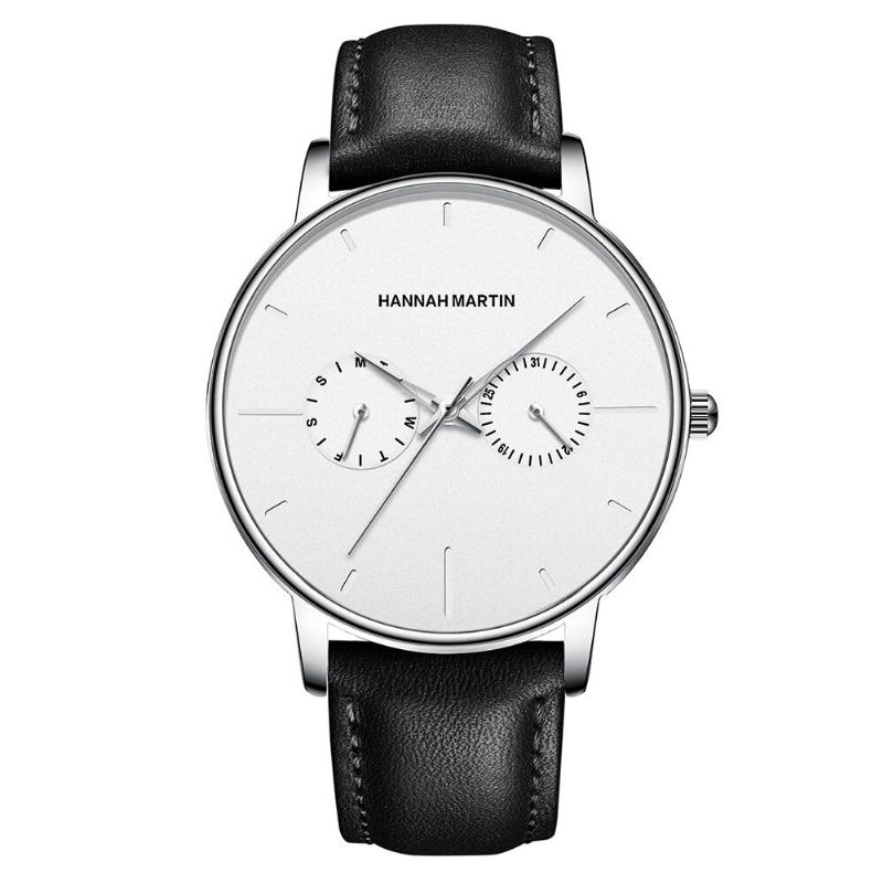 Hannah Martin Mode Casual Med Kalender Dual Dial Steel Mesh / Pu Læderrem 3atm Vandtæt Herre Quartz Watch