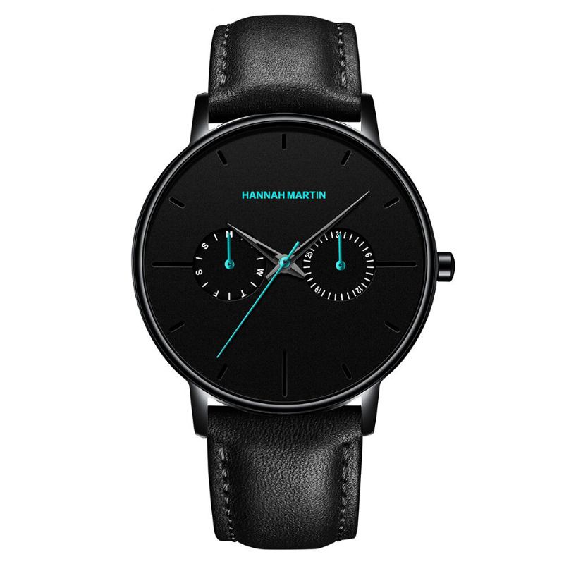 Hannah Martin Mode Casual Med Kalender Dual Dial Steel Mesh / Pu Læderrem 3atm Vandtæt Herre Quartz Watch