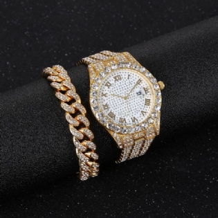 Hip Hop Luksus 2 Stk Hip-hop Kæde Fuld Diamond Watch Armbånd Lady Quartz Watch