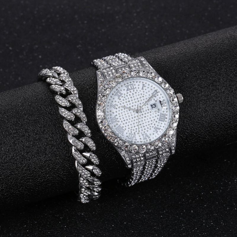 Hip Hop Luksus 2 Stk Hip-hop Kæde Fuld Diamond Watch Armbånd Lady Quartz Watch