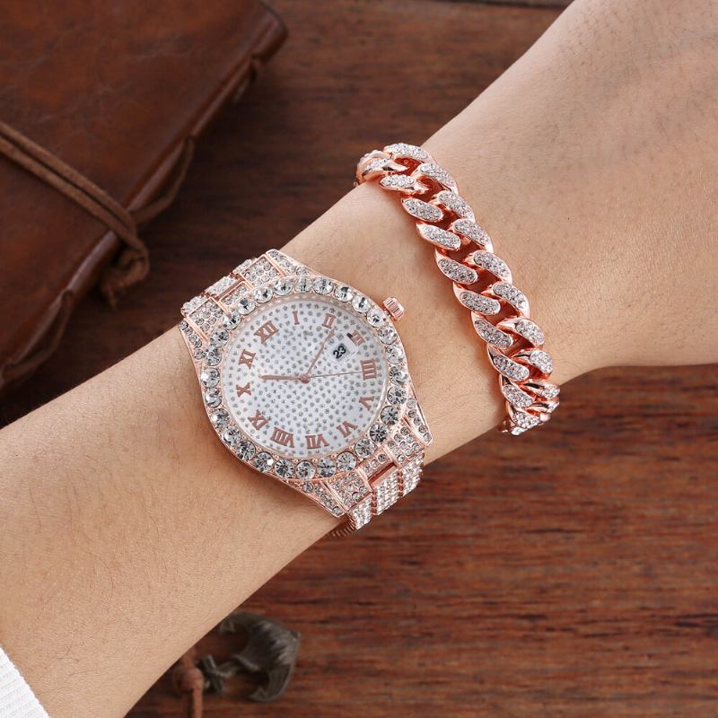 Hip Hop Luksus 2 Stk Hip-hop Kæde Fuld Diamond Watch Armbånd Lady Quartz Watch