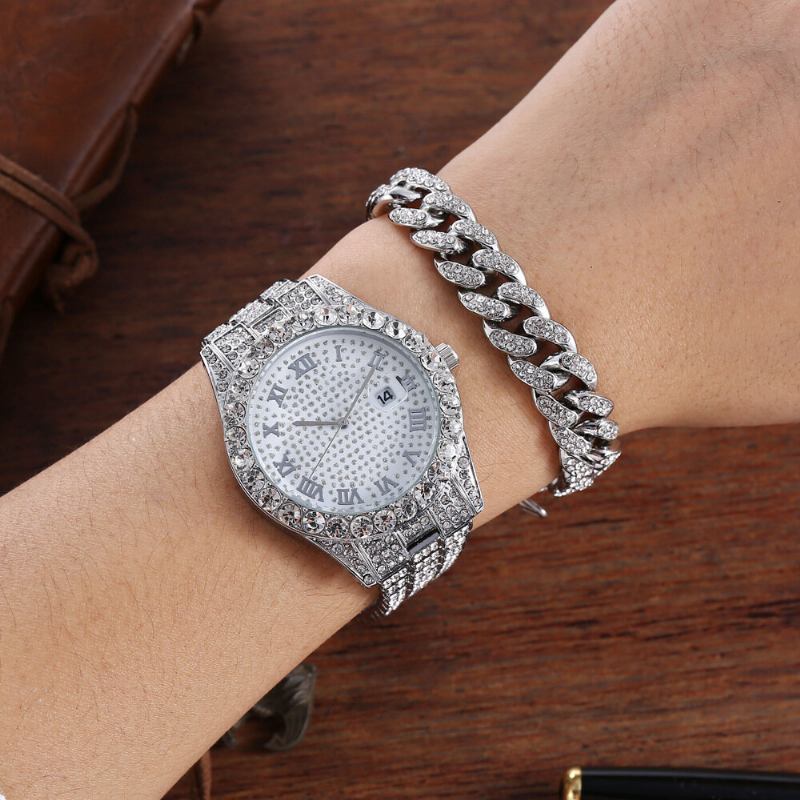 Hip Hop Luksus 2 Stk Hip-hop Kæde Fuld Diamond Watch Armbånd Lady Quartz Watch