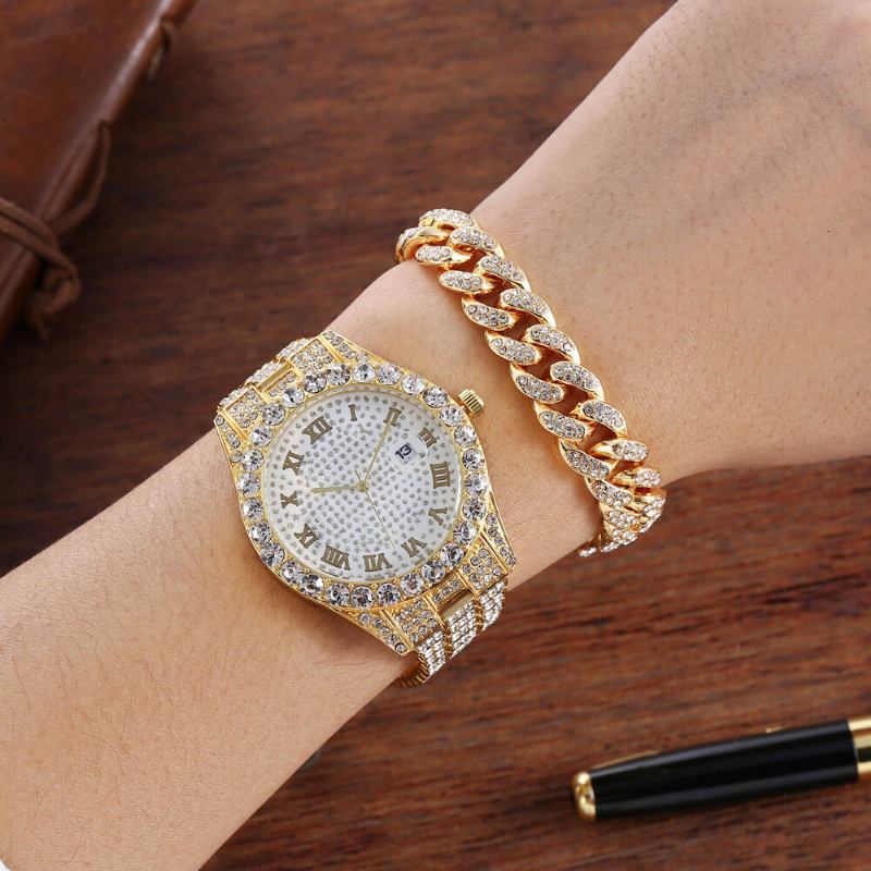 Hip Hop Luksus 2 Stk Hip-hop Kæde Fuld Diamond Watch Armbånd Lady Quartz Watch