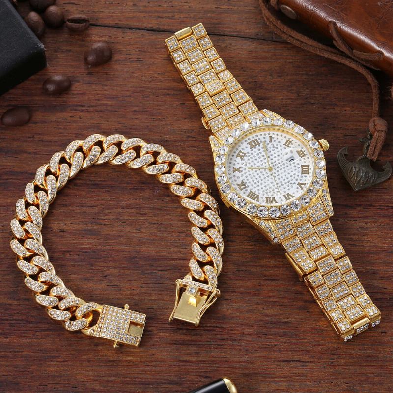 Hip Hop Luksus 2 Stk Hip-hop Kæde Fuld Diamond Watch Armbånd Lady Quartz Watch