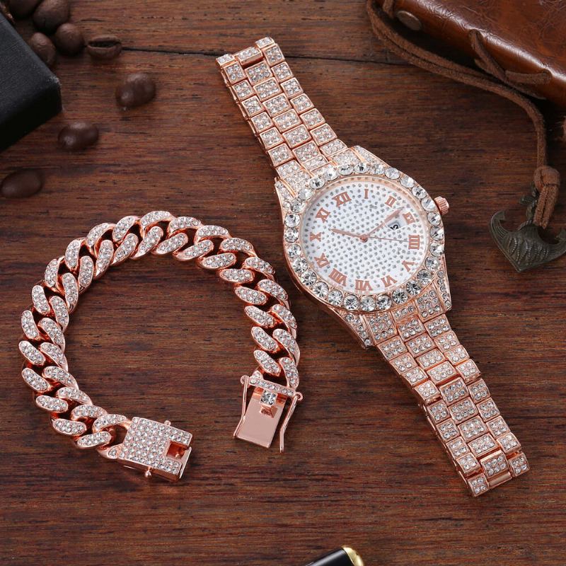 Hip Hop Luksus 2 Stk Hip-hop Kæde Fuld Diamond Watch Armbånd Lady Quartz Watch