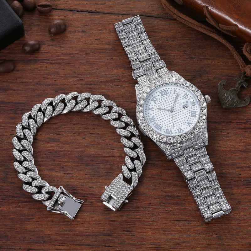 Hip Hop Luksus 2 Stk Hip-hop Kæde Fuld Diamond Watch Armbånd Lady Quartz Watch