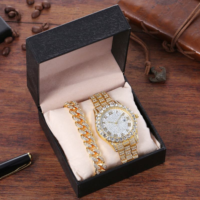 Hip Hop Luksus 2 Stk Hip-hop Kæde Fuld Diamond Watch Armbånd Lady Quartz Watch