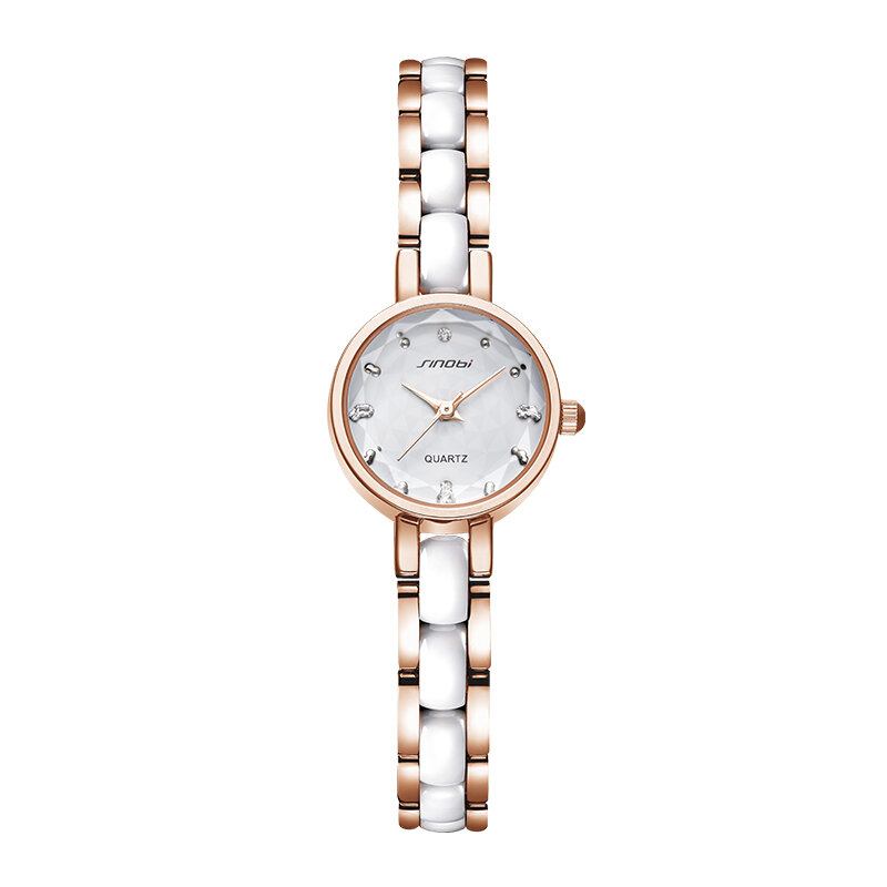 Kvinder Simple Tre-pin Crystal Diamonds Dial Fashion Keramisk Stålrem Quartz Watch