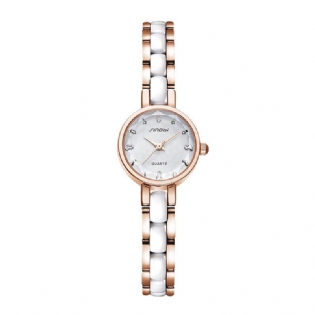 Kvinder Simple Tre-pin Crystal Diamonds Dial Fashion Keramisk Stålrem Quartz Watch