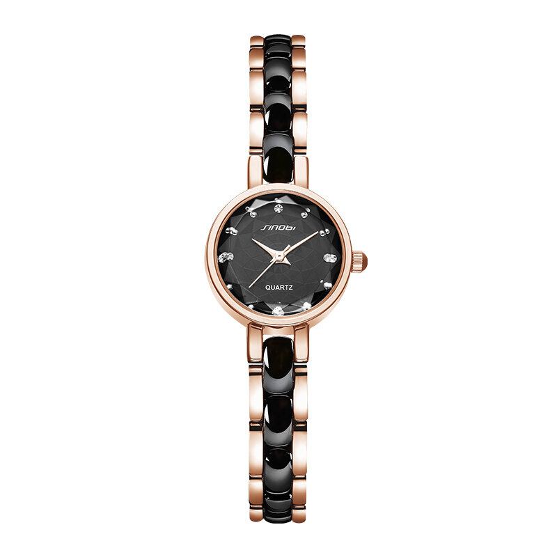 Kvinder Simple Tre-pin Crystal Diamonds Dial Fashion Keramisk Stålrem Quartz Watch